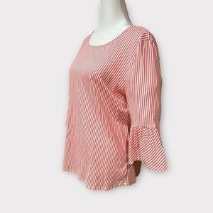 Soft Surroundings Petites Striped Knit Top with short sleeve with gather…